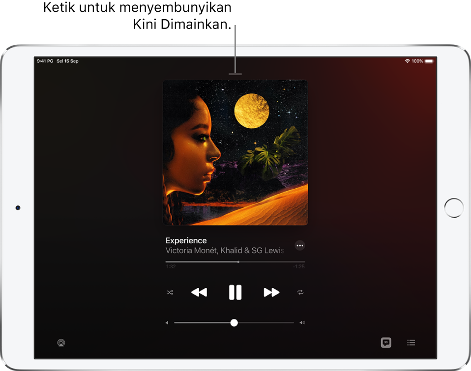 Skrin Kini Dimainkan menunjukkan seni album. Di bawah ialah tajuk lagu, nama artis, butang Lagi, penunjuk main, kawalan main, gelangsar kelantangan, butang Lirik, butang Destinasi Main Balik dan butang Baris Gilir. Butang Sembunyikan Kini Dimainkan berada di atas.