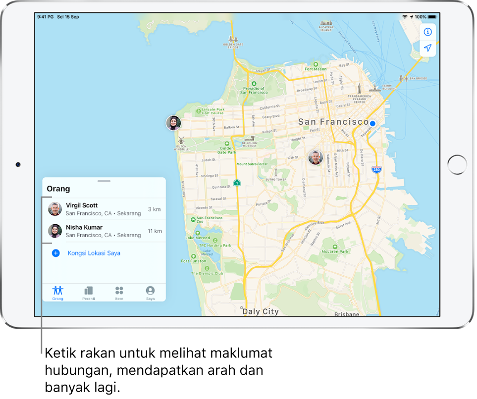 Skrin Cari terbuka kepada tab Orang. Terdapat dua rakan dalam senarai Orang: Virgil Scott dan Nisha Kumar. Lokasinya ditunjukkan pada peta San Francisco.