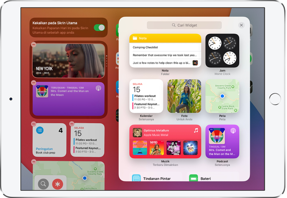 Galeri widget pada iPad menunjukkan widget termasuk widget Nota, Jam, Kalendar, Foto, Peta, Muzik dan Podcast.