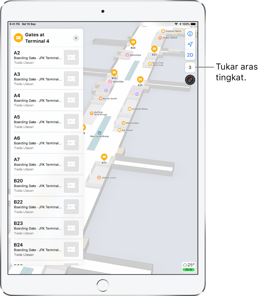 Peta dalaman terminal lapangan terbang. Peta menunjukkan perniagaan dan pintu naik. Di sebelah kiri skrin, kad mengenal pasti pintu naik di Terminal 4.