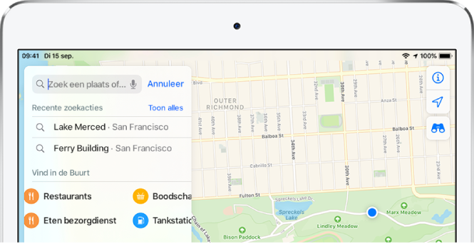 Op de zoekkaart aan de linkerkant van het scherm zie je categorieën voor vier nabijgelegen voorzieningen. De categorieën zijn restaurants, boodschappen, bezorgdiensten en tankstations.