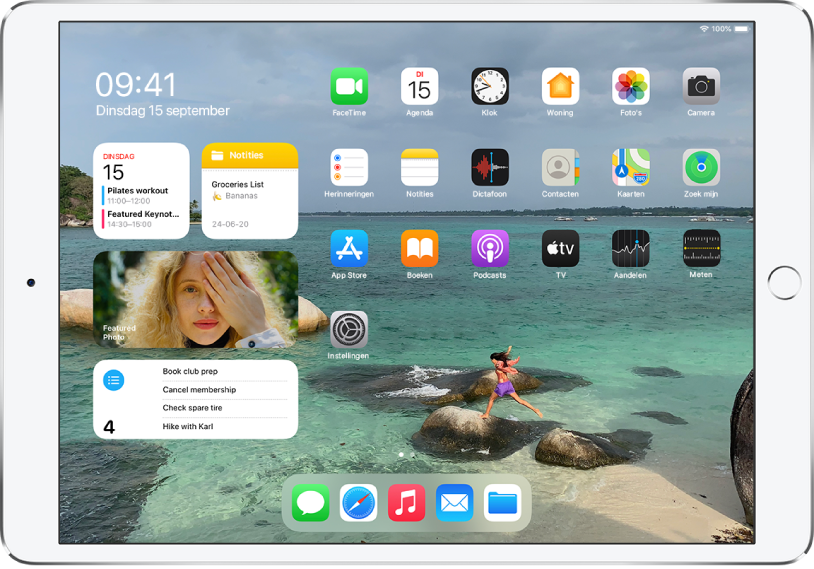 Het iPad-beginscherm. Aan de linkerkant van het scherm zie je de Vandaag-weergave met de widgets 'Agenda', 'Notities', 'Foto's' en 'Herinneringen'.
