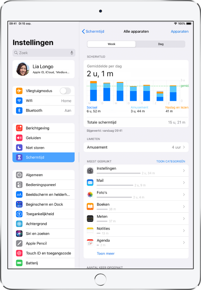 Een wekelijks schermtijdrapport met de totale tijd die aan apps is besteed, evenals de bestede tijd per categorie en per app.