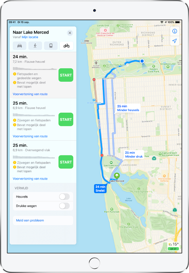 Een kaart met meerdere fietsroutes. In de informatie links staan details voor elke route, waaronder geschatte tijden, hoogteveranderingen en het soort wegen. Naast elke routeoptie staat de knop 'Ga'.