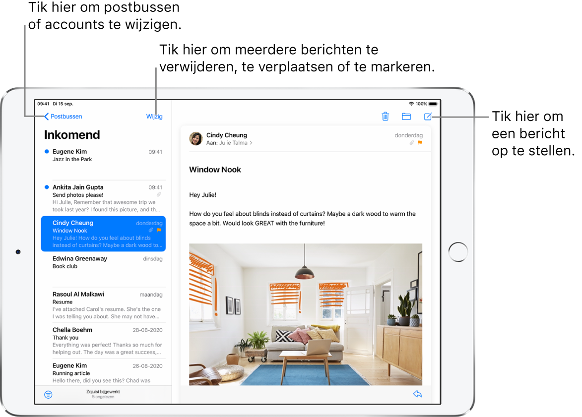 De postbus 'Inkomend' van Mail, met links een lijst met e‑mails en rechts een geopende berichtenreeks. Linksbovenin zie je de postbusknop waarmee je naar een andere postbus kunt gaan. Linksonderin zie je de filterknop, waarmee je kunt instellen dat alleen bepaalde e-mails worden weergegeven. Rechtsbovenin zie je de knop voor het opstellen van een nieuwe e‑mail.