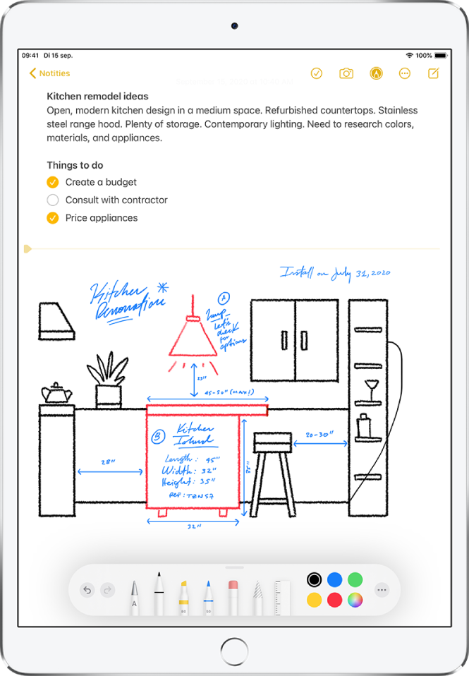 Een handgemaakte tekening van een keuken, met bijschriften en maten voor een verbouwing. Onder in het scherm zie je de markeringsknoppenbalk met tekengereedschappen en kleurselecties.