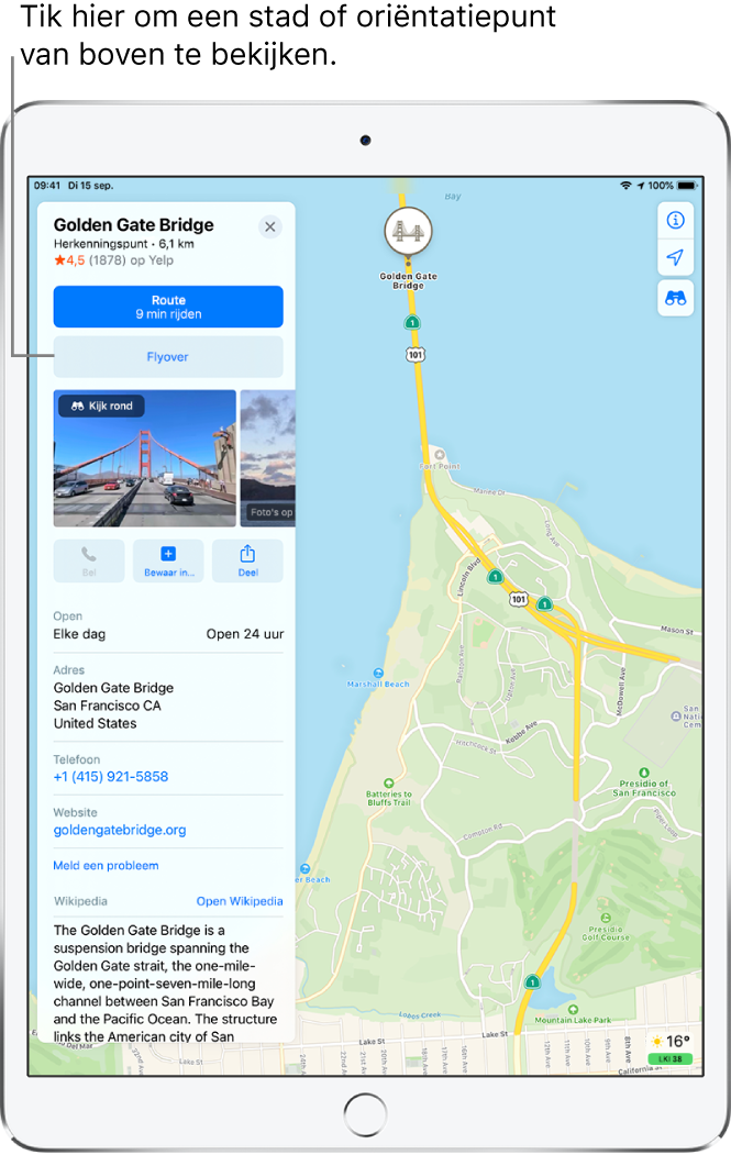 Een kaart van San Francisco. Aan de linkerkant van het scherm zie je een informatiekaart van de Golden Gate Bridge met de knop 'Flyover' onder de knop 'Route'.