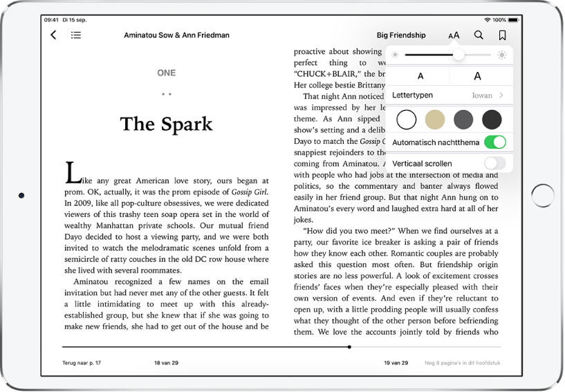 De eerste pagina van een boek geopend in de Boeken-app. Boven in het scherm zie je de navigatieregelaars. De knop 'Weergave' is geselecteerd. Van boven naar beneden zie je de volgende weergave-instellingen: 'Helderheid', 'Lettergrootte', 'Kleurenthema', 'Automatisch nachtthema' en 'Verticaal scrollen'.