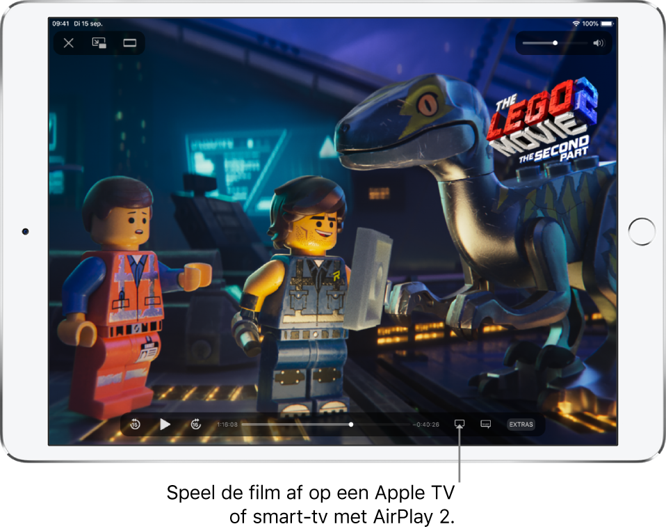 Een film die wordt afgespeeld op het iPad-scherm. Onder in het scherm zie je de afspeelregelaars, met rechtsonderin de knop voor synchrone weergave.