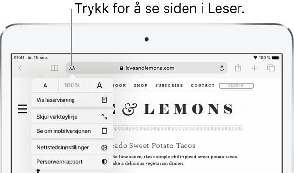 Safari-verktøylinjen med Leser-knappen på venstre side av adressefeltet.
