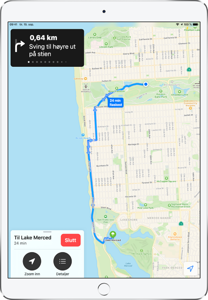 Et oversiktskart som viser veibeskrivelser på sykkel mellom to parker i San Francisco.