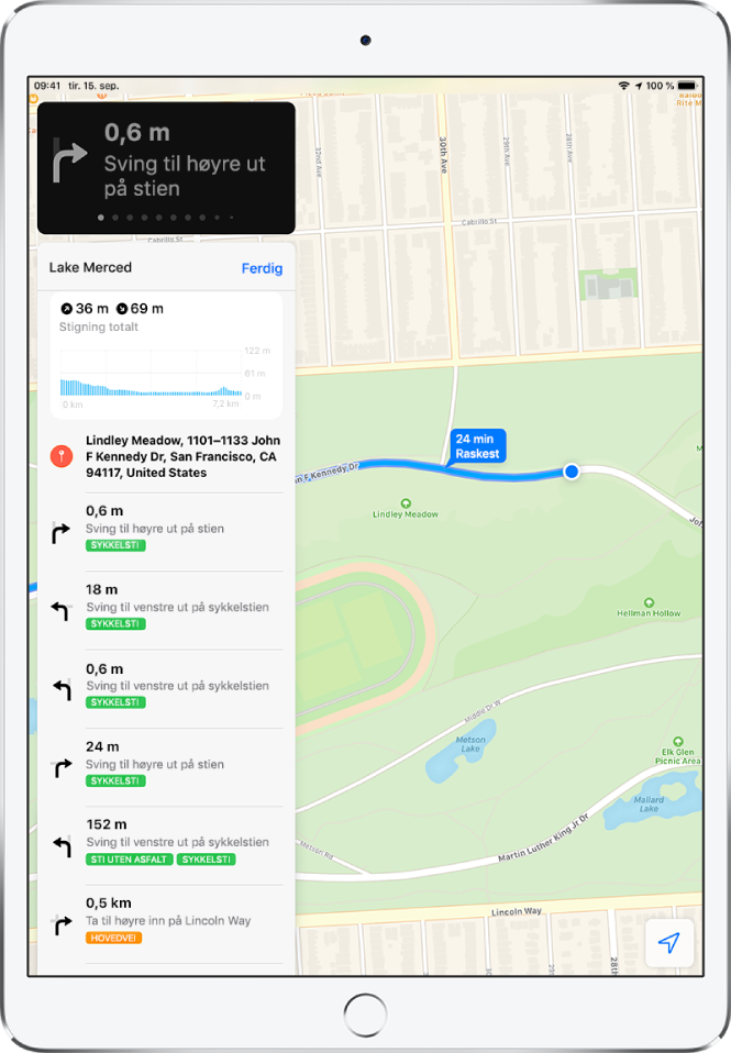 Et kart som viser deler av en sykkelrute. Til venstre vises en liste med sving-veibeskrivelser for ruten.