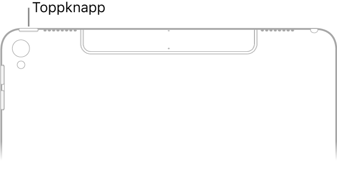 Den øverste delen av baksiden på iPad. Toppknappen (eller Dvale/vekke-knappen) er på den øverste kanten oppe i venstre hjørne.