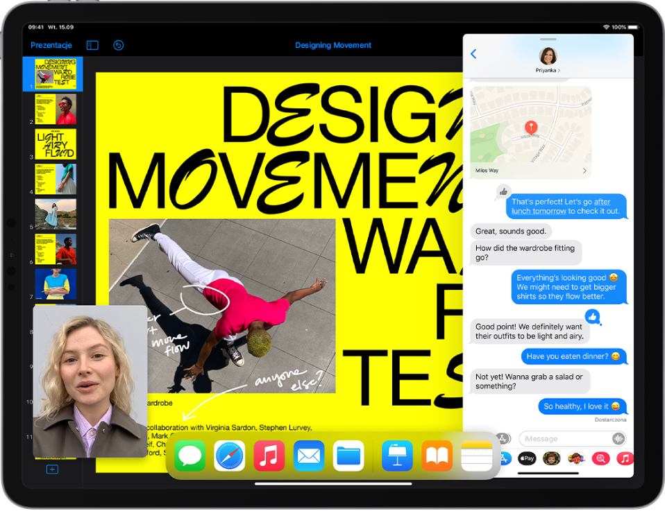 Po lewej stronie ekranu otwarta jest aplikacja do tworzenia prezentacji. Po prawej stronie ekranu otwarta jest rozmowa w aplikacji Wiadomości. W lewym dolnym rogu widoczne jest małe okno FaceTime.