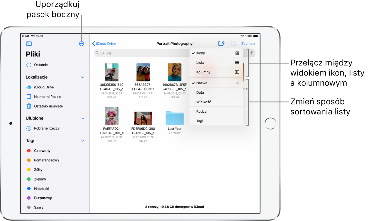 Miejsce na iCloud Drive; wyświetlane przyciski pozwalają porządkować pasek boczny, sortować według nazwy, rozmiaru i tagów oraz przełączać między widokiem listy a widokiem ikon.