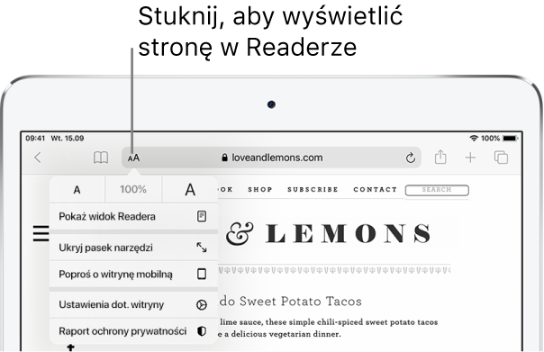 Pasek narzędzi Safari, zawierający ikonę Reader wyświetlaną z lewej strony pola adresu.