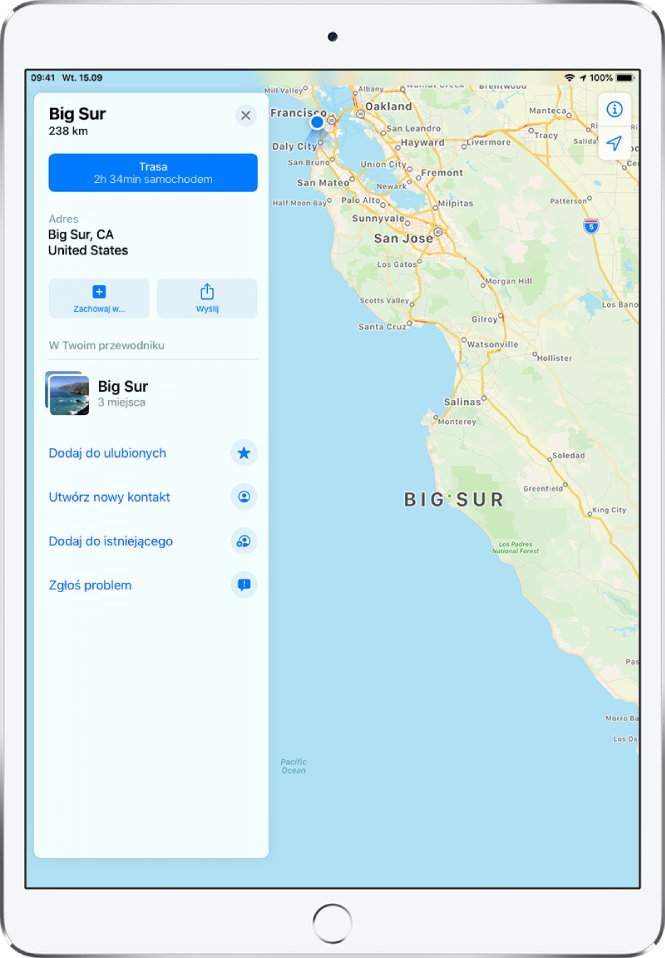 Mapa z kartą informacji o Big Sur. Poniżej karty informacji widoczny jest przycisk Trasa.