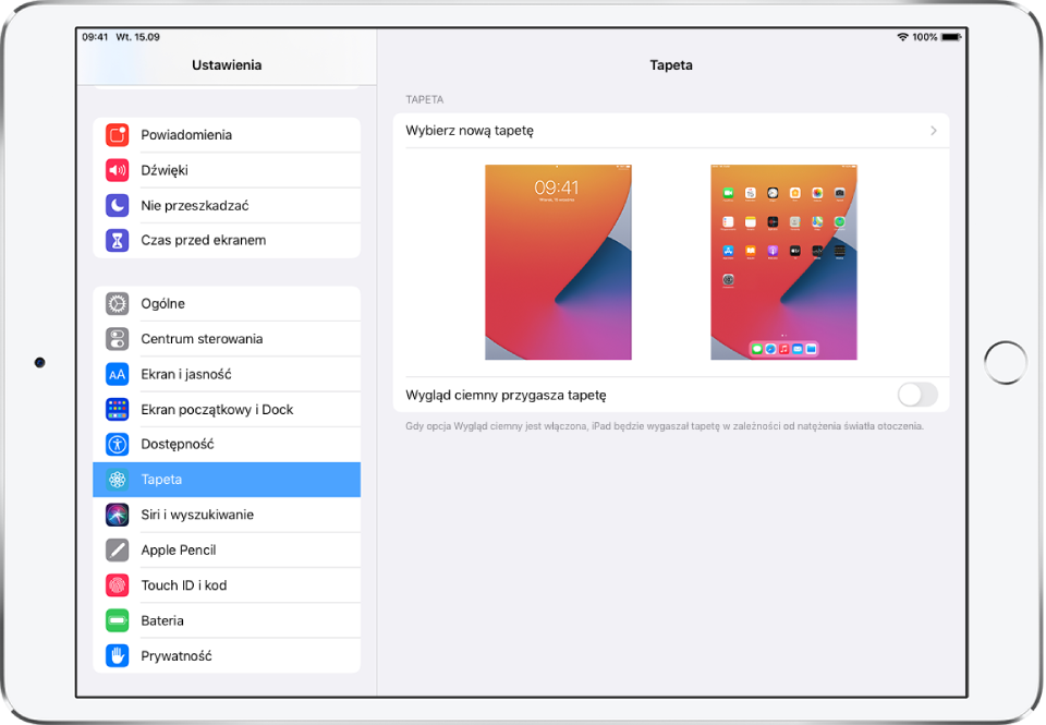 Ekran ustawień tapety z przyciskiem wyboru nowej tapety u góry ekranu oraz widokami zablokowanego ekranu i ekranu początkowego z bieżącymi tapetami poniżej.