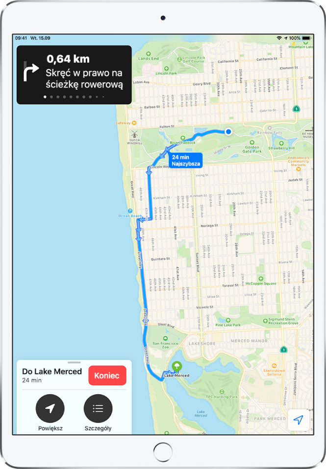 Podgląd mapy przedstawiającej wskazówki przejazdu rowerem między dwoma parkami w San Francisco.