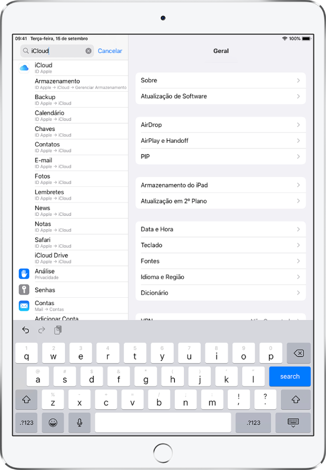 A tela de ajustes de busca com o campo de busca no topo. O termo de busca “iCloud” encontra-se no campo de busca e os ajustes encontrados aparecem na lista abaixo.
