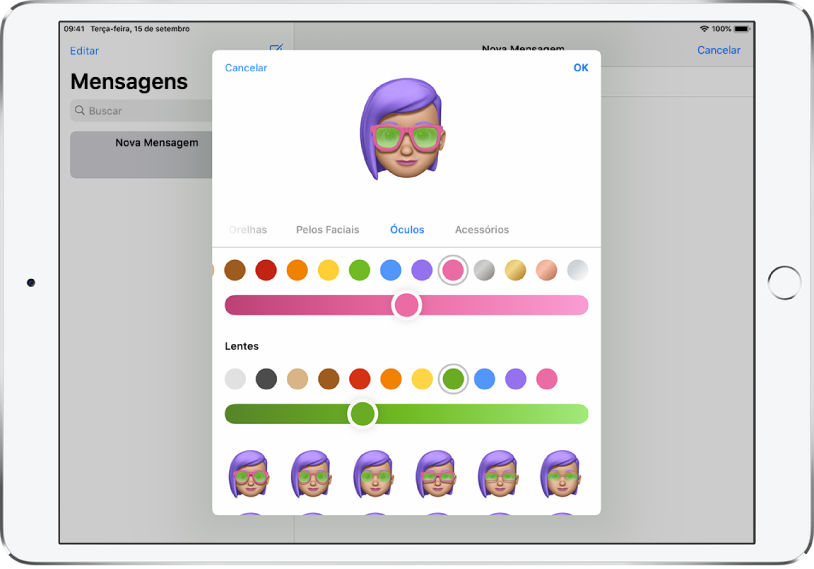 Tela de criação de Memoji no app Mensagens, onde você pode escolher óculos.