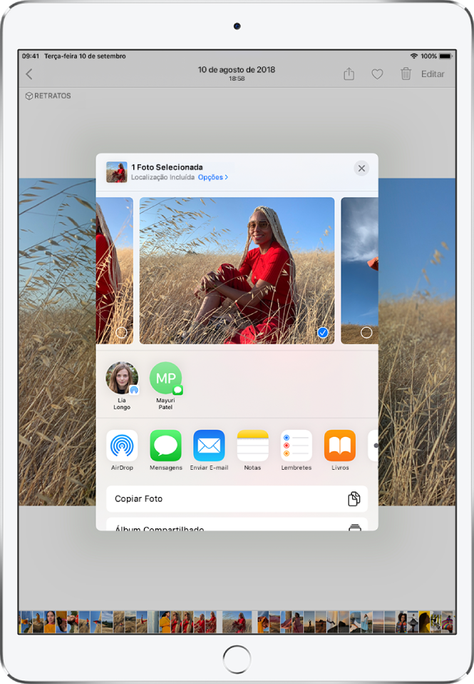 A janela de compartilhamento de fotos encontra-se no centro da tela. As fotos estão ao longo da parte superior da janela; há uma foto selecionada, indicada por uma marca de seleção. A linha abaixo das fotos sugere contatos recentes com os quais compartilhar. Abaixo dos contatos sugeridos, opções de compartilhamento, da esquerda para a direita: AirDrop, Mensagens, Mail, Notas, Lembretes e Livros. Na parte inferior da tela de compartilhamento, uma linha de ações. De cima para baixo: Copiar Foto e Álbum Compartilhado são mostradas.