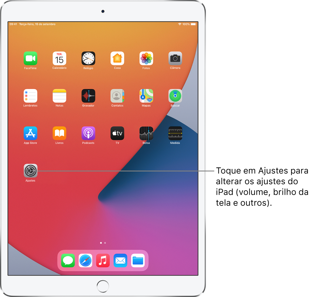 Tela de Início do iPad com vários ícones de apps, incluindo o ícone do app Ajustes, o qual você pode tocar para alterar o volume do som, o brilho da tela e outros ajustes do iPad.