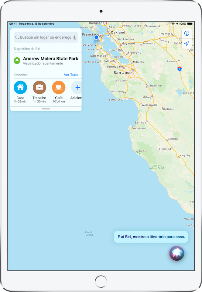 Mapa mostrando a resposta da Siri “Obtendo itinerários para Casa” na parte inferior da tela.