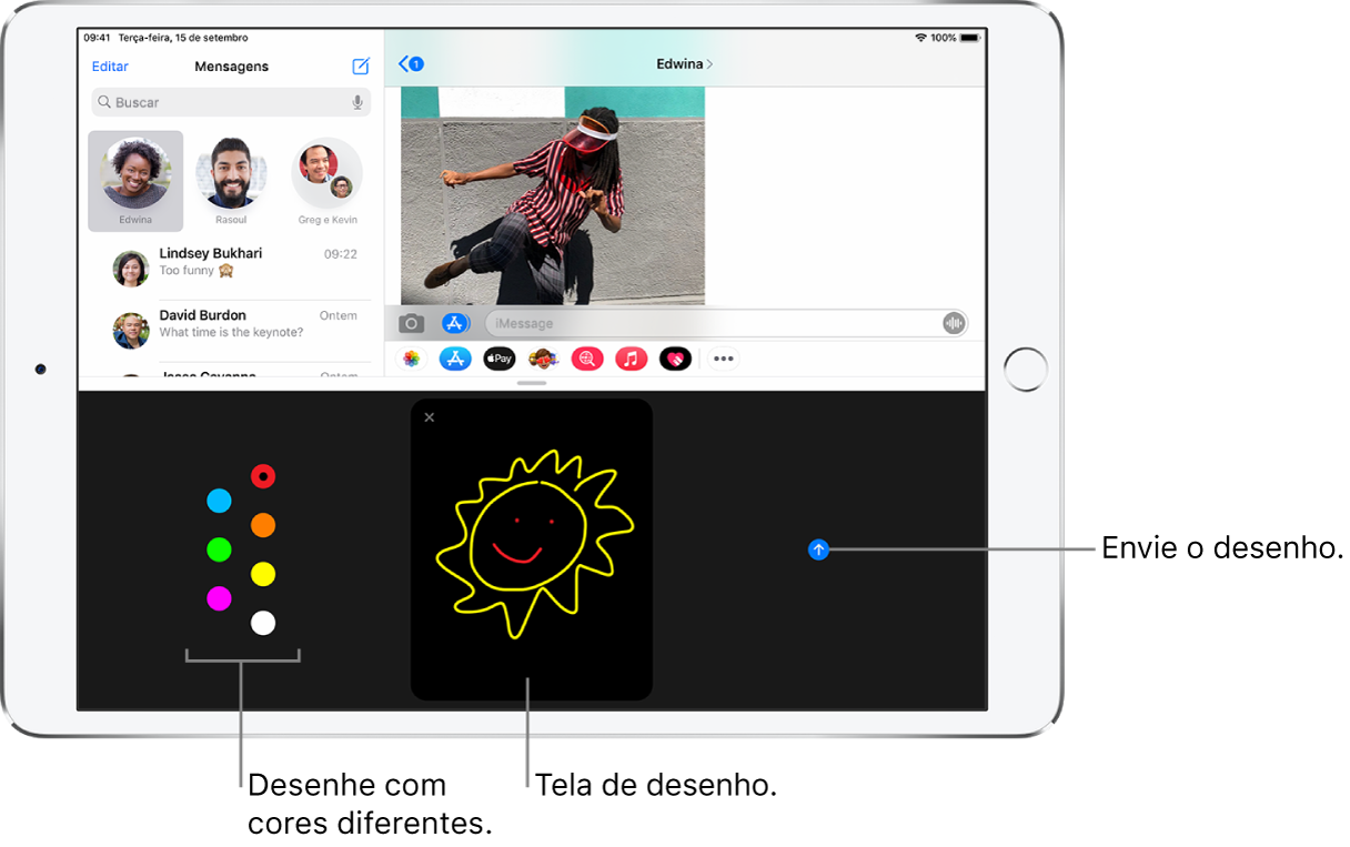 Tela do app Mensagens com a tela Digital Touch na parte inferior. As opções de cores estão à esquerda, a tela de desenho está no centro e o botão Enviar está à direita.