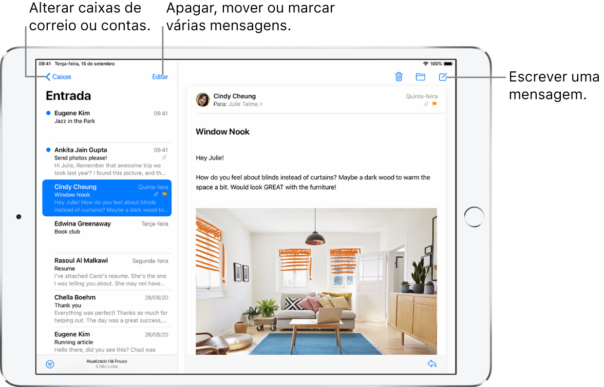 Caixa de Entrada do Mail com a lista de e‑mails à esquerda e uma conversa aberta à direita. O botão Caixas de Correio para mudar para outra caixa de entrada encontra-se no canto superior esquerdo. O botão para filtrar e‑mails para que apenas certos tipos de e‑mails sejam mostrados encontra-se no canto inferior esquerdo. O botão para redigir um novo e‑mail se encontra no canto superior direito.