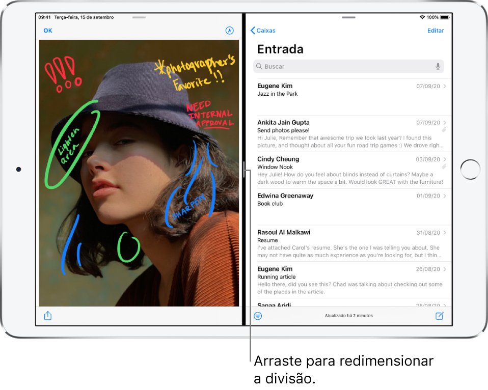 Um app gráfico está aberto no lado esquerdo da tela e o Mail está aberto no lado direito. Uma observação na linha escura entre eles diz ”Arraste para redimensionar a divisão”.