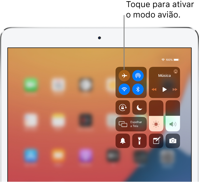 Tela da Central de Controle mostrando que um toque no botão superior esquerdo ativa o modo avião.