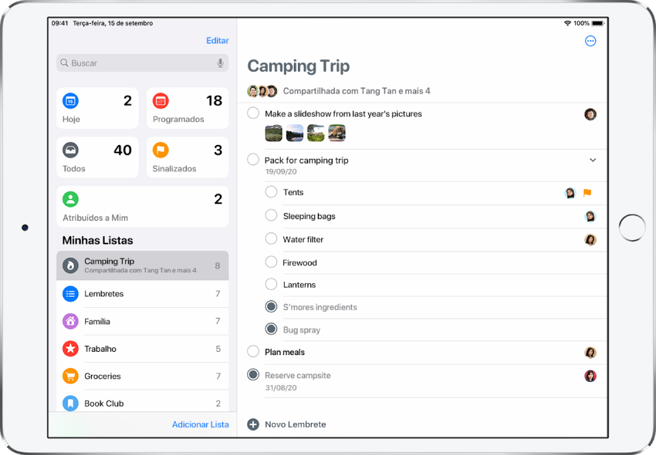 Tela do app Lembretes mostrando listas de lembretes à esquerda e uma lista chamada Acampamento à direita. O botão Novo Lembrete fica na parte inferior, ao centro.