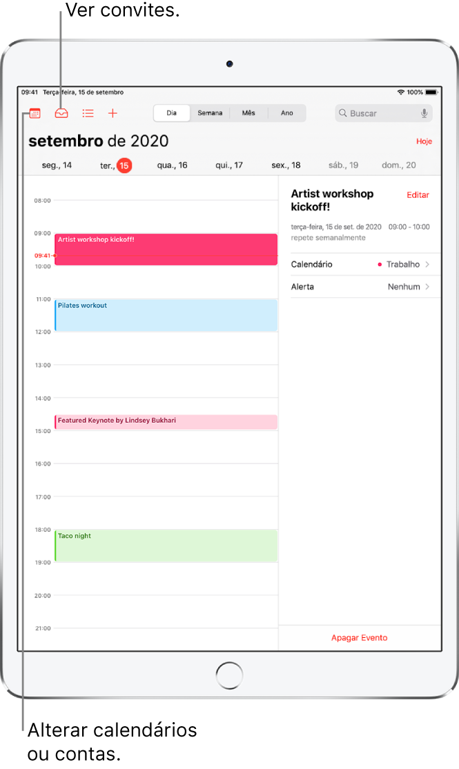 Um calendário com a visualização de um dia. Toque nos botões na parte superior para alternar a visualização entre Dia, Semana, Mês e Ano. Toque no botão Calendários para alterar calendários ou contas. Toque no botão Entrada, localizado no canto superior esquerdo, para ver convites.