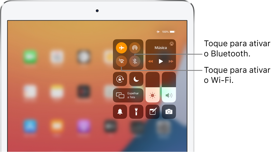Central de Controle com o modo avião ativado. Os botões para ativar o Wi‑Fi e o Bluetooth estão no canto superior esquerdo da Central de Controle.