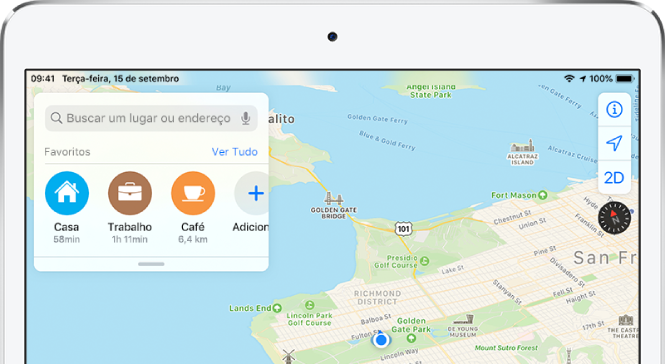 Mapa da Bay Area em São Francisco, com três favoritos mostrados abaixo do campo de busca. Os favoritos são Casa, Trabalho e Café.
