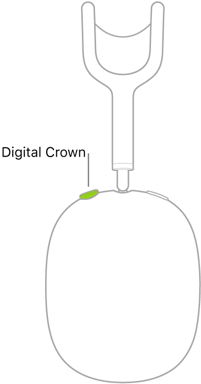 Ilustração mostrando o local da Digital Crown no fone de ouvido direito dos AirPods Max.