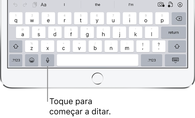 Teclado na tela mostrando a tecla Ditado (à esquerda da Barra de espaço), na qual você pode tocar para começar a ditar um texto.