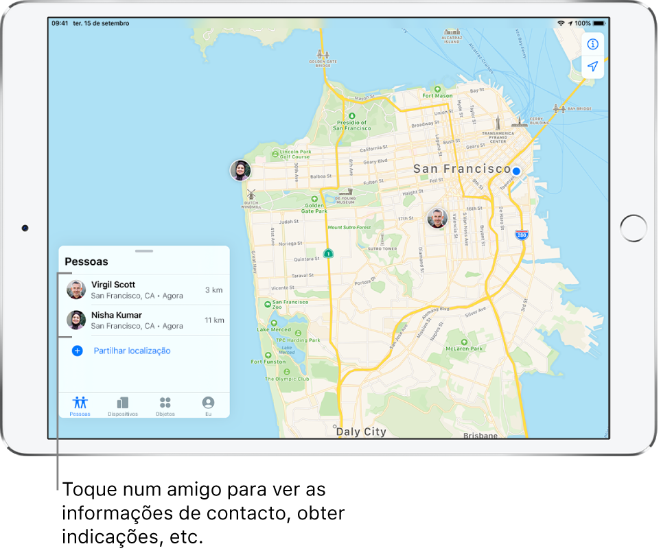 O ecrã de Encontrar aberto no separador Pessoas. Há dois amigos na lista Pessoas: André Silva e Marta Ferreira. As localizações são mostradas no mapa de São Francisco.