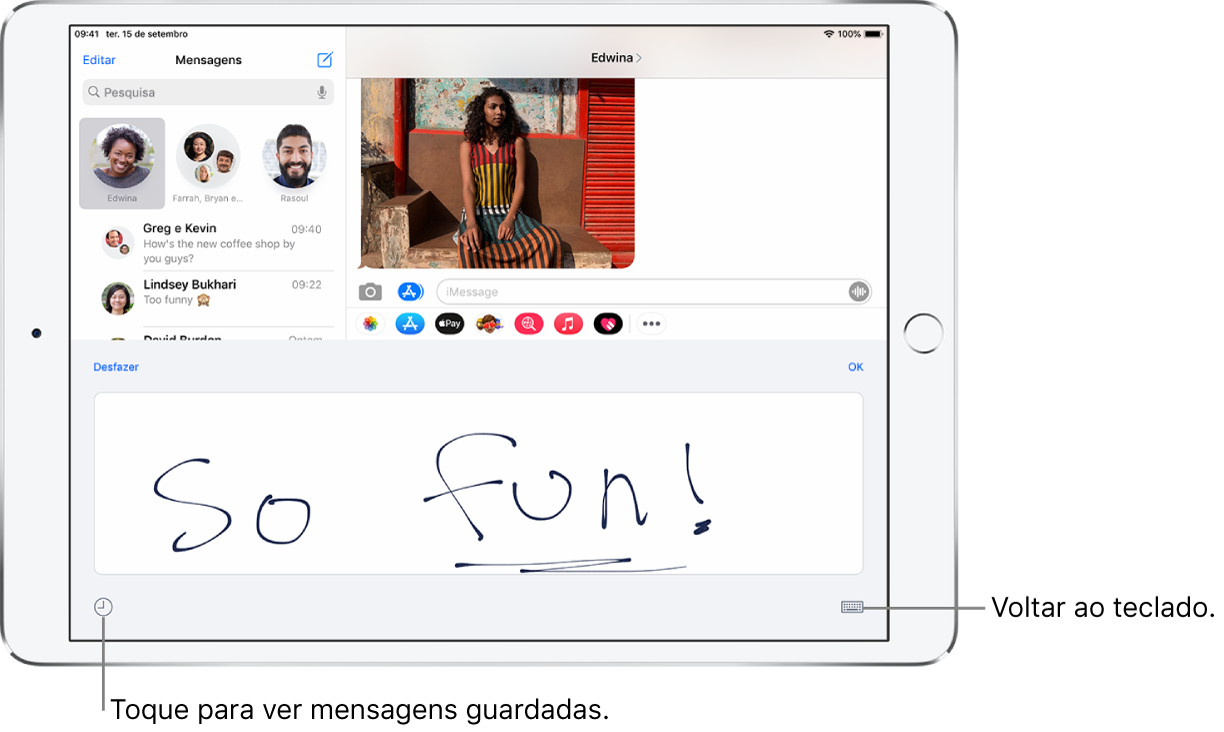 Ecrã com uma mensagem manuscrita. No canto inferior esquerdo está uma botão para escolher uma mensagem guardada. No canto inferior direito, o botão Mostrar teclado.