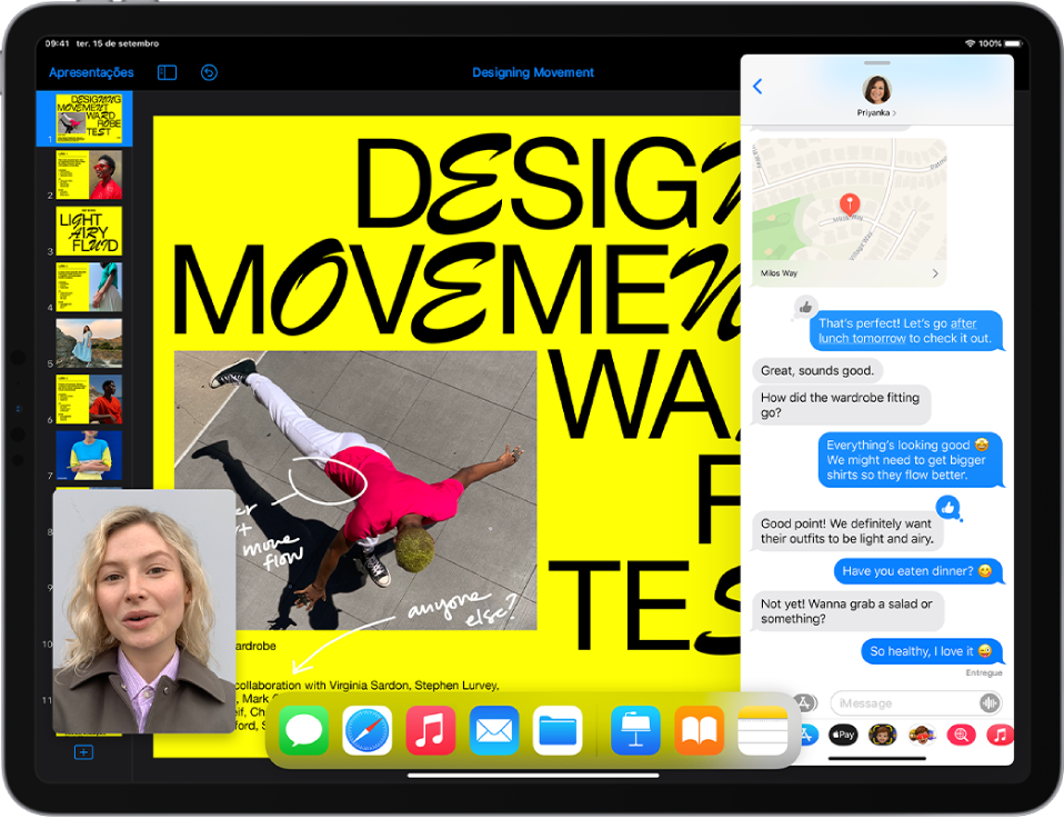 Uma aplicação de apresentação é aberta no lado esquerdo do ecrã, uma conversa da aplicação Mensagens é aberta à direita e uma pequena janela de FaceTime é apresentada no canto inferior esquerdo.