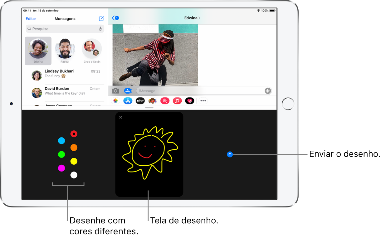 Um ecrã da aplicação Mensagens, com o ecrã dos toques Digital Touch por baixo. As opções de cores estão à esquerda, a tela de desenho no centro e o botão Enviar à direita.