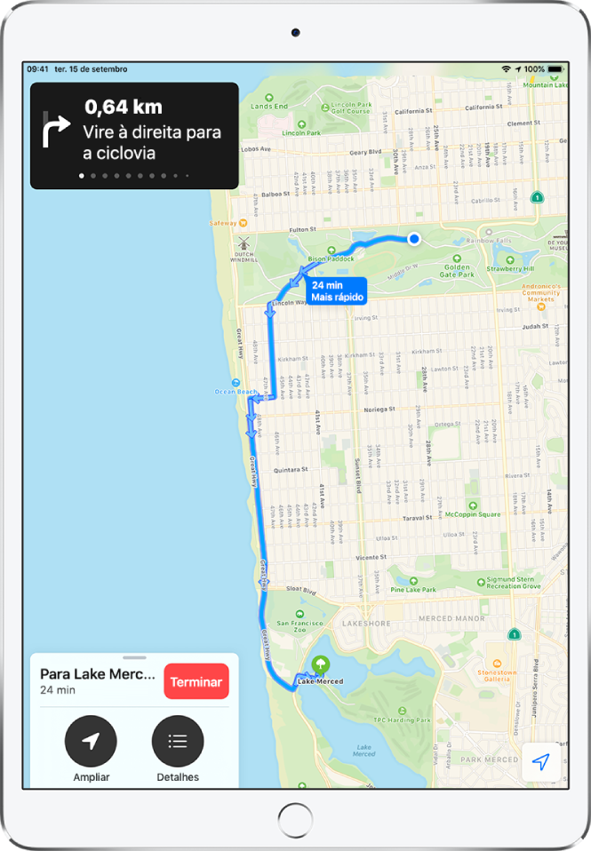 Um mapa de visão geral com as indicações de bicicleta entre dois parques em São Francisco.