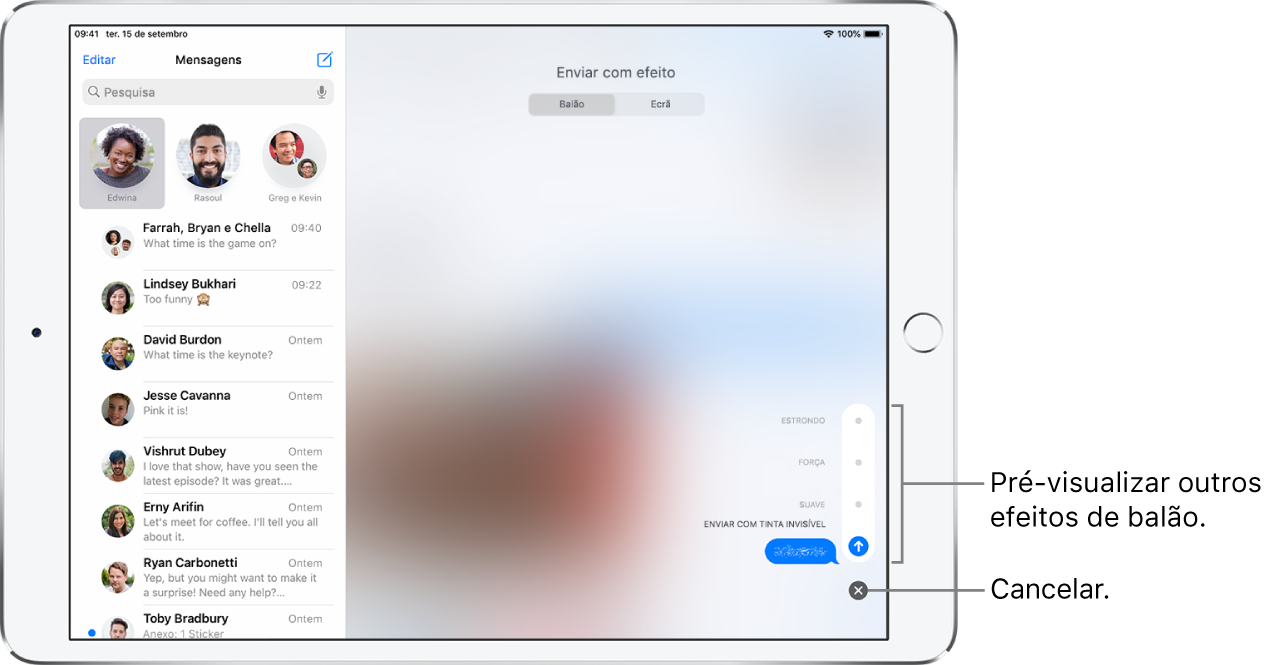 Pré‑visualização da mensagem com o efeito de tinta invisível. Em baixo, à direita, toque num controlo para ver outros efeitos de balão. Volte a tocar no mesmo controlo para enviar ou em Cancelar para voltar à mensagem.