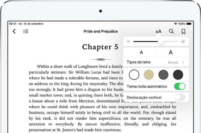 O menu de apresentação de um livro está selecionado e mostra os controlos (de cima para baixo) de brilho, tamanho e estilo da letra, cor de página, tema noite automático e vista contínua.