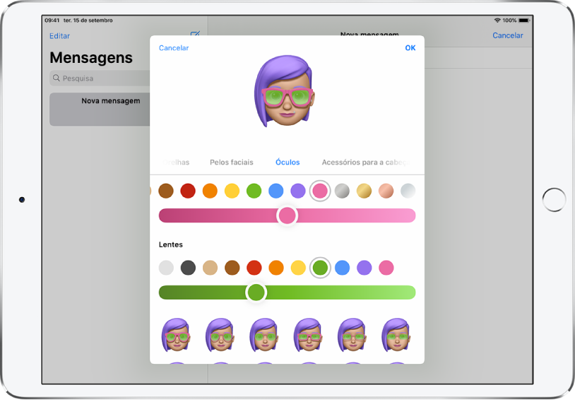 O ecrã de criar Memoji na aplicação Mensagens, onde pode escolher os óculos.