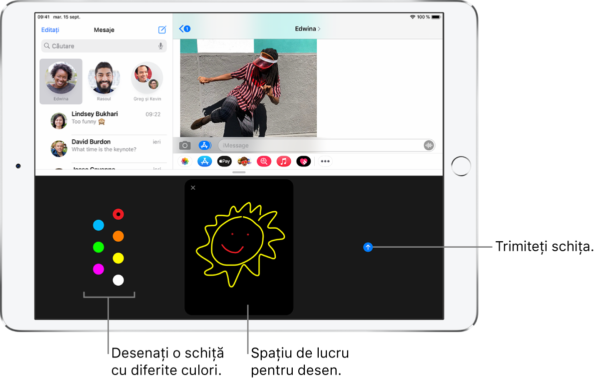 Un ecran Mesaje cu ecranul Digital Touch în partea de jos. Opțiunile de culori se află în stânga, spațiul de lucru pentru desen se află în centru, iar butonul Trimiteți este în dreapta.