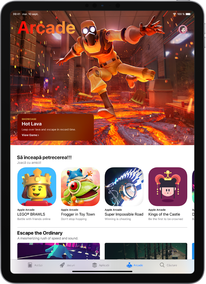 Ecranul Arcade din App Store afișând un joc recomandat și alte recomandări. Imaginea dvs. de profil, pe care apăsați pentru a vedea achizițiile și a vă gestiona abonamentele, se află în partea dreaptă sus. De-a lungul părții de jos, de la stânga la dreapta, se află filele Astăzi, Jocuri, Aplicații, Arcade și Căutare.