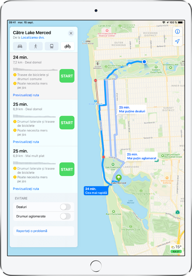 O hartă afișând mai multe rute pentru bicicletă. Informațiile din partea stângă oferă detalii pentru fiecare rută, inclusiv duratele estimative, diferențele de nivel și tipurile de drumuri. Un buton Start apare în dreptul fiecărei opțiuni de rută.