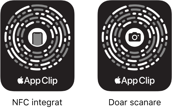 În stânga, un cod App Clip integrat în NFC cu pictograma unui iPhone în centru. În dreapta, un cod App Clip doar pentru scanare cu pictograma unei camere în centru.